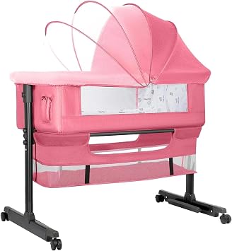 Baby Bassinets Bedside Sleeper, 3 in 1 Baby Bassinet, Adjustable Easy Folding Portable Bed, with Mosquito Nets, Large Storage Bag, Comfortable Mattresses, for Infant/Baby/Newborn Pink
