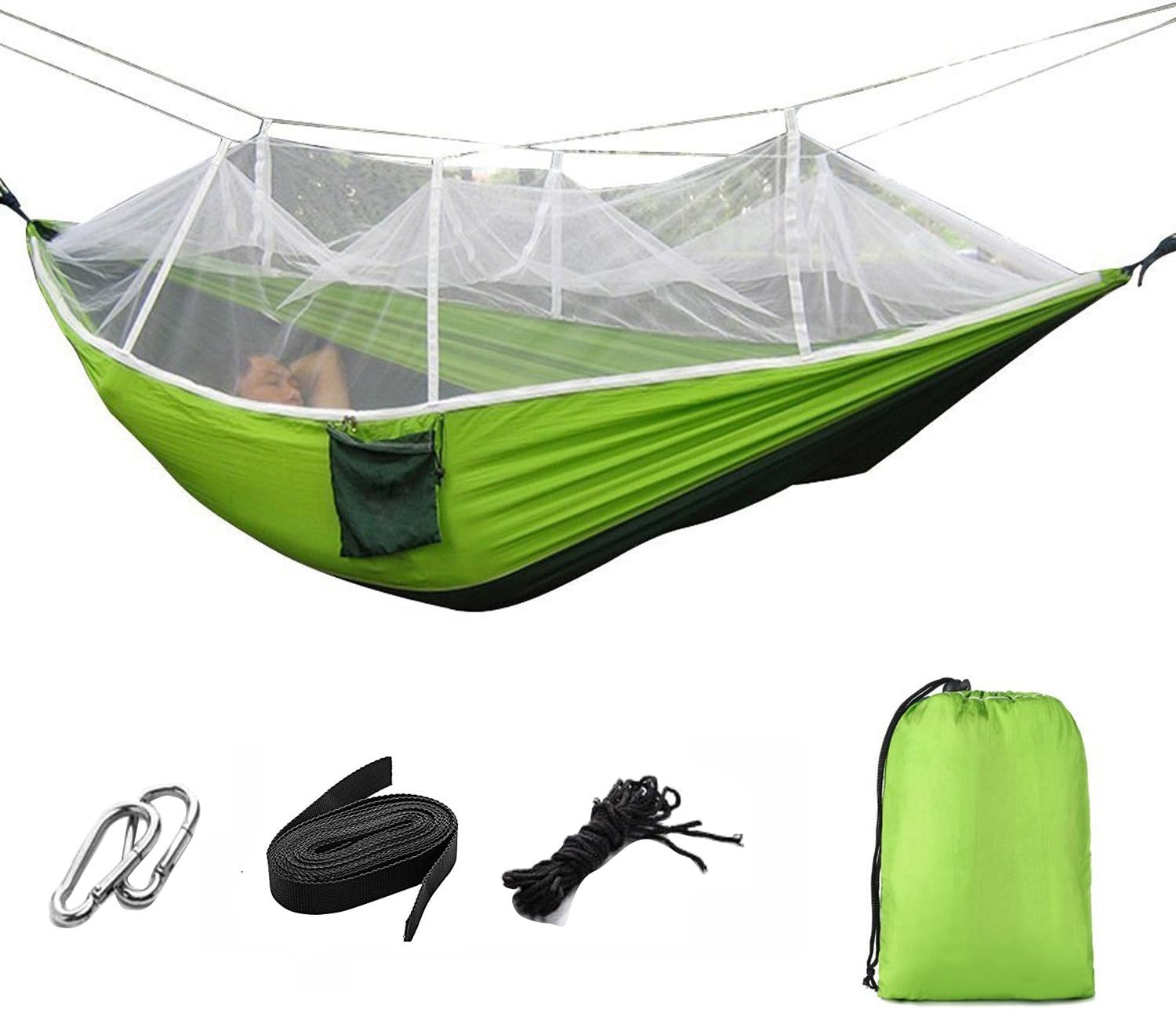 Portable Foldable Double Camping Hammock Mosquito Net Tree Hammocks Tent Travel Hanging Bed,Premium Quality Lightweight 210T Nylon,Capacity up to 441 lbs,with Strong Tree Straps,Hooks,Storage Bag