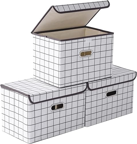 Vista 71 de STOREONE Contenedores de almacenamiento de tela, contenedor organizador plegable con tapas y asas de metal, para el hogar, dormitorio, armario, 3