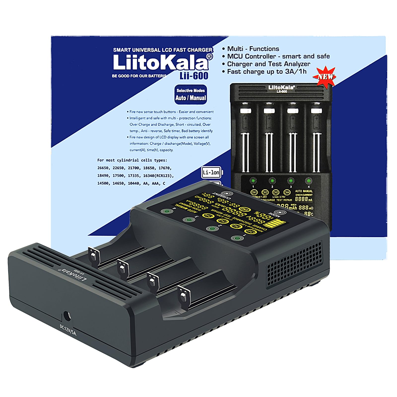 Liitokala Lii-600 Szybka ładowarka do baterii z wyświetlaczem LCD i sterowaniem dotykowym, 4-gniazdowa ładowarka do akumulatorów 18650 z adapterem 12V5A do Li-Ion/Ni-MH/Ni-Cd 14500 21700 AA AAA