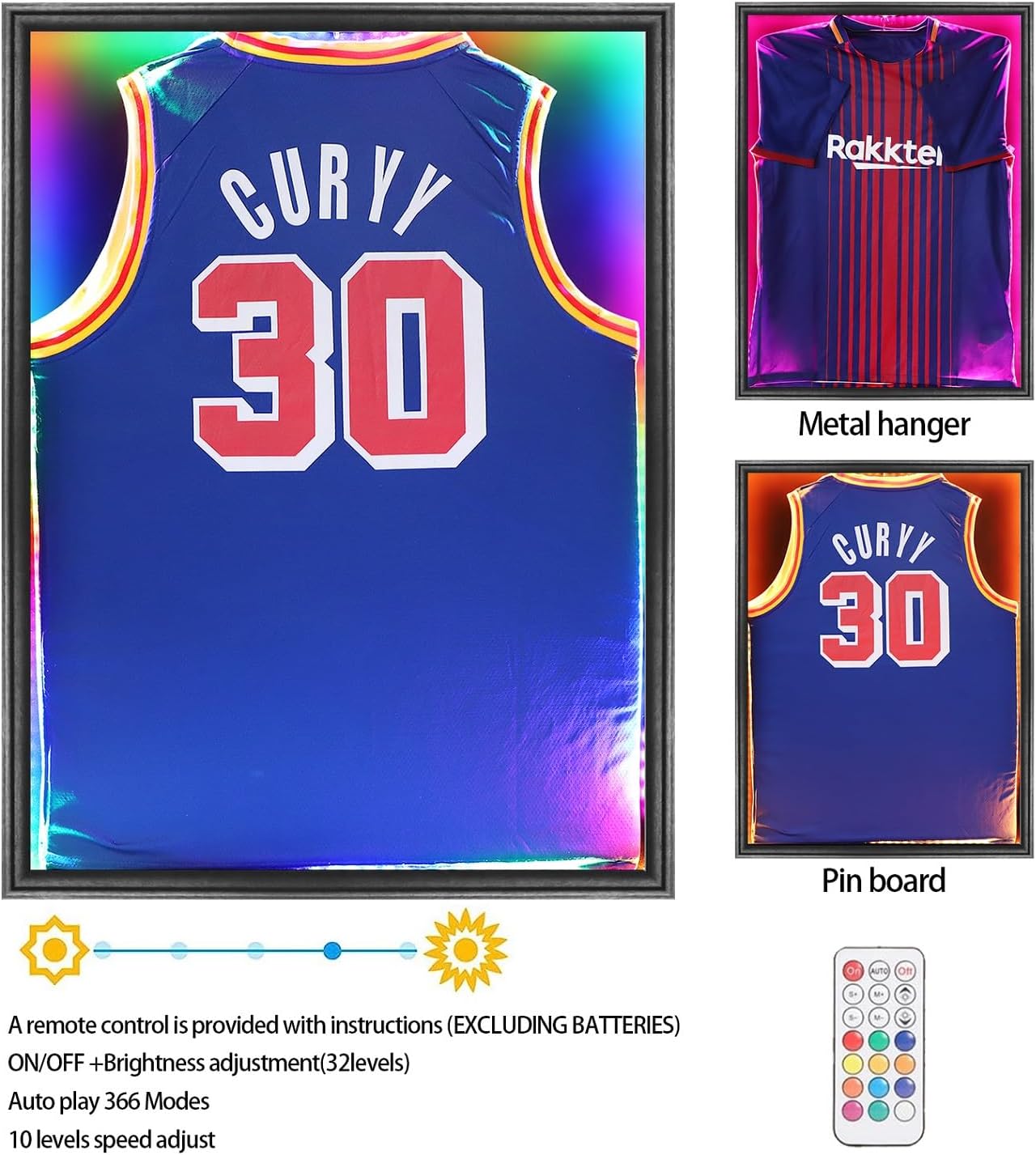 Jersey Frame Display Case with LED , Sports Jersey Frame Lockable Shadow Box with UV Protection Acrylic and Metal Hanger for Baseball Basketball Football Shirt, Black