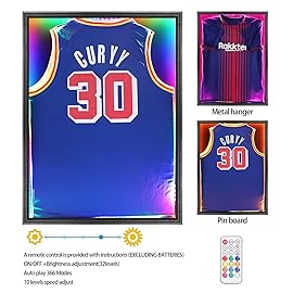 Jersey Frame Display Case with LED , Sports Jersey Frame Lockable Shadow Box with UV Protection Acrylic and Metal Hanger for Baseball Basketball Football Shirt, Black