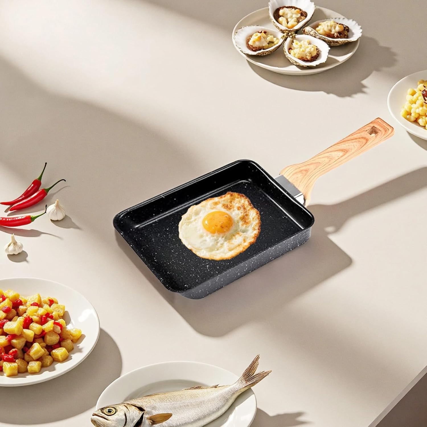 Nonstick Japanese Omelette Egg Pan, 7.9 in, with Spatula, Rectangular Tamagoyaki Pan for Kitchen, Wooden Handle, Deepened Design