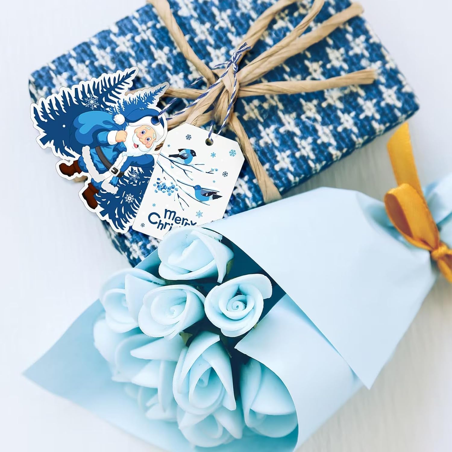 Pasimy 150 Pcs Christmas Gift Tags with String, White Blue 15 Designs | Winter Hang Labels for Wrapping, Xmas Party Decor, Snowflake Reindeer Santa Designs, Paper Name Labels for Holiday Presents