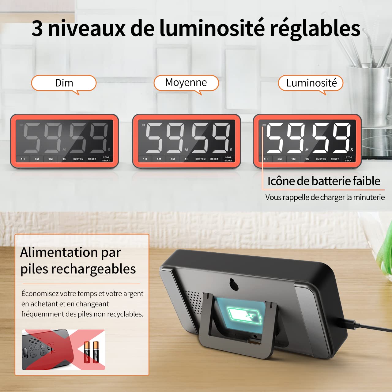 VOCOO Grand minuteur numérique pour la cuisine: Minuteur magnétique à LED avec 3 niveaux de luminosité, 4 alarmes et 3 niveaux de volume, Compte à rebours à piles pour cuisiner, Salle de classe et Gym
