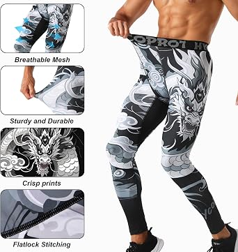 HYCOPROT Men's Compression Trousers Tights Athletic Cool Dry Leggings Breathable Lightweight Training Pants Performance Workout Personalised Designs Base Layer Pants for Basketball Running Sports Yoga