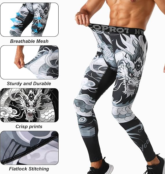 HYCOPROT Men's Compression Trousers Tights Athletic Cool Dry Leggings Breathable Lightweight Training Pants Performance Workout Personalised Designs Base Layer Pants for Basketball Running Sports Yoga