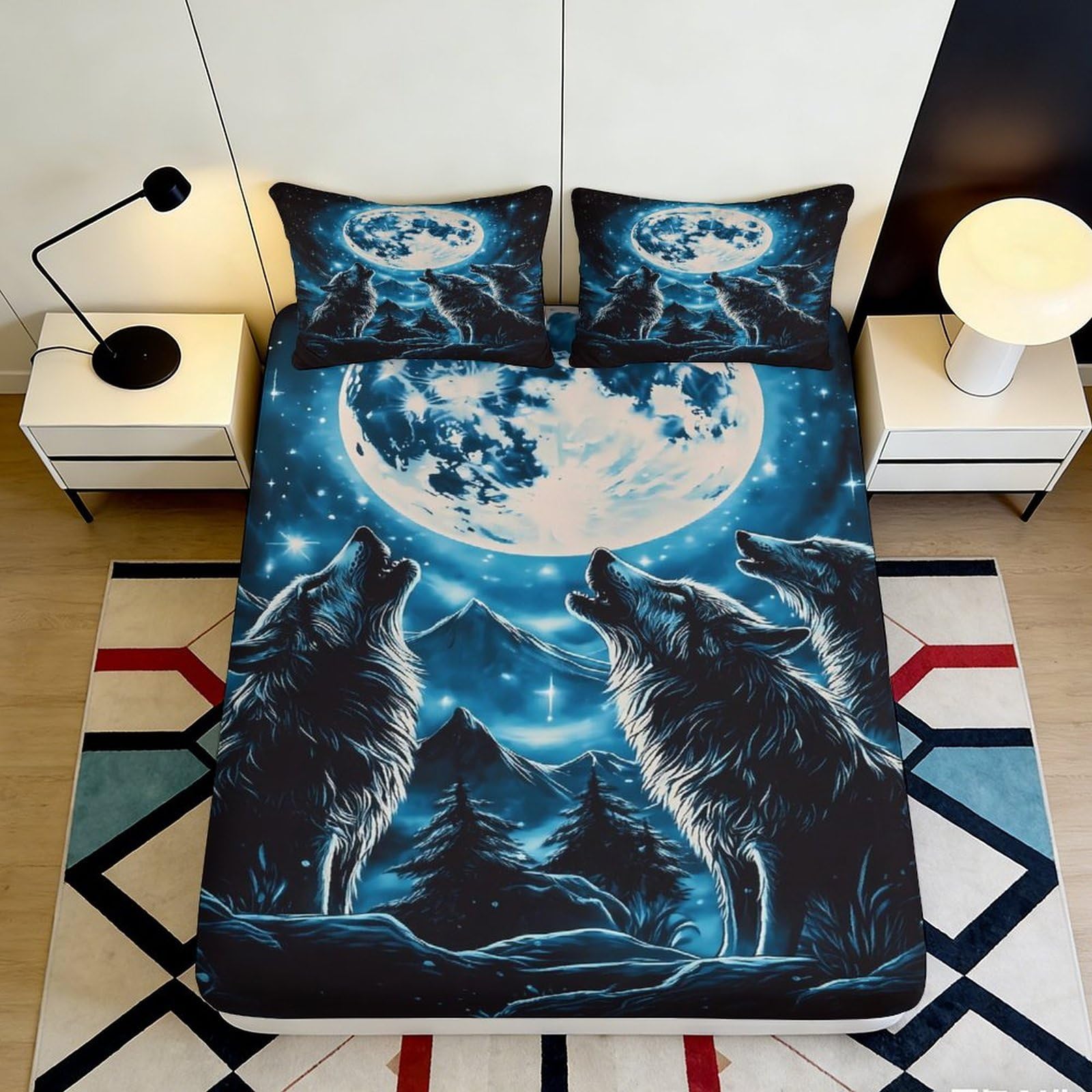 3D Printed Wolf Moon Fitted Sheet Microfiber Soft Breathable Forest Night Bed Cover for Bedroom Dorm Mattress Decor 160x200x25cm