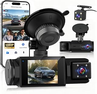 Dashcam 3 Full HD Channels, Mini Dash Camera with WiFi, App, Motion Sensor | 2" IPS Screen with Advanced Night Vision WDR, Loop Recording, Wi-Fi App Viidure, Parking Monitoring H24