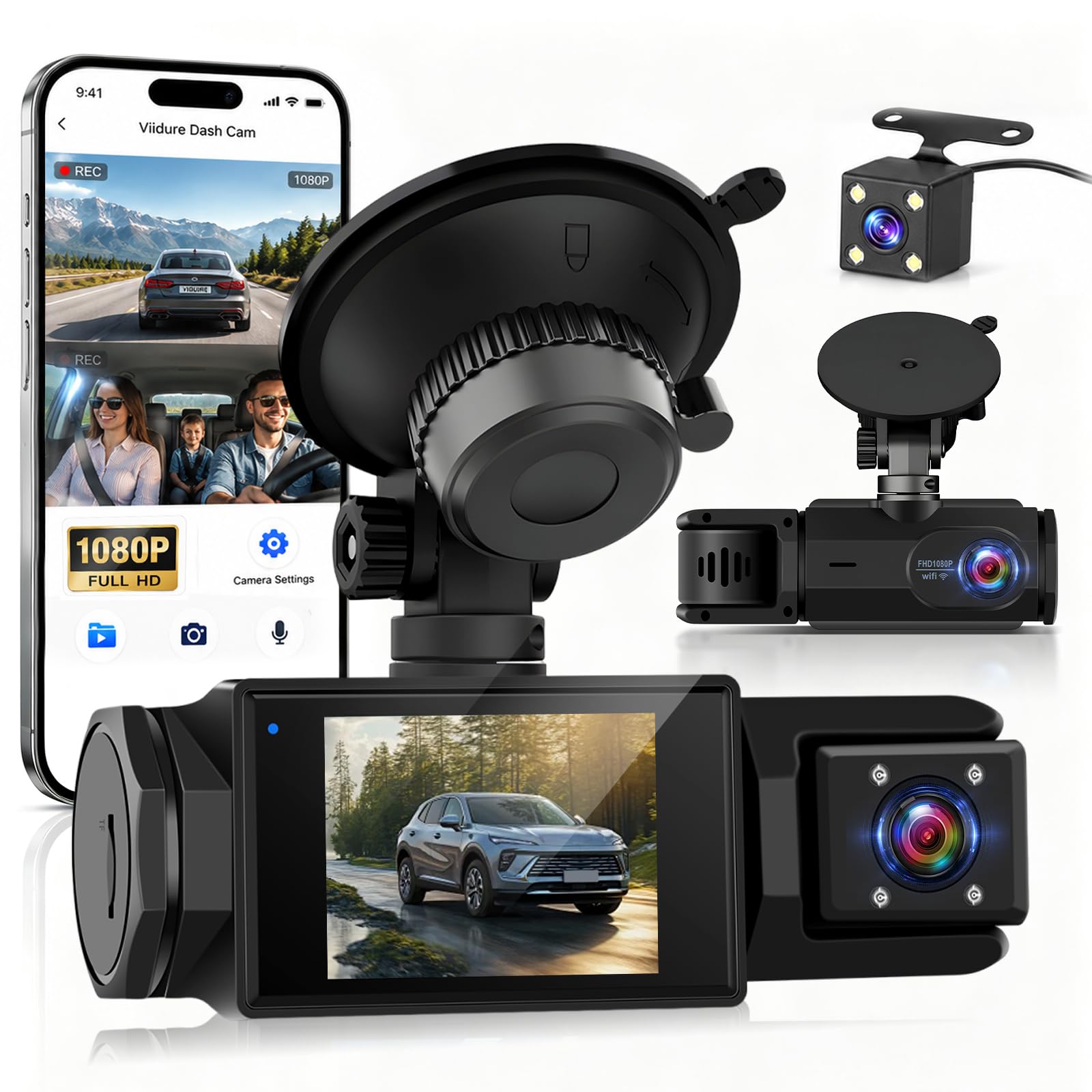 Dashcam 3 Canali Full HD, Mini Camera Auto con WiFi, App, Sensore Movimento | Display IPS 2" con Visione Notturna Avanzata WDR, Registrazione in Loop, Wi-Fi App Viidure, Monitoraggio Parcheggio H24