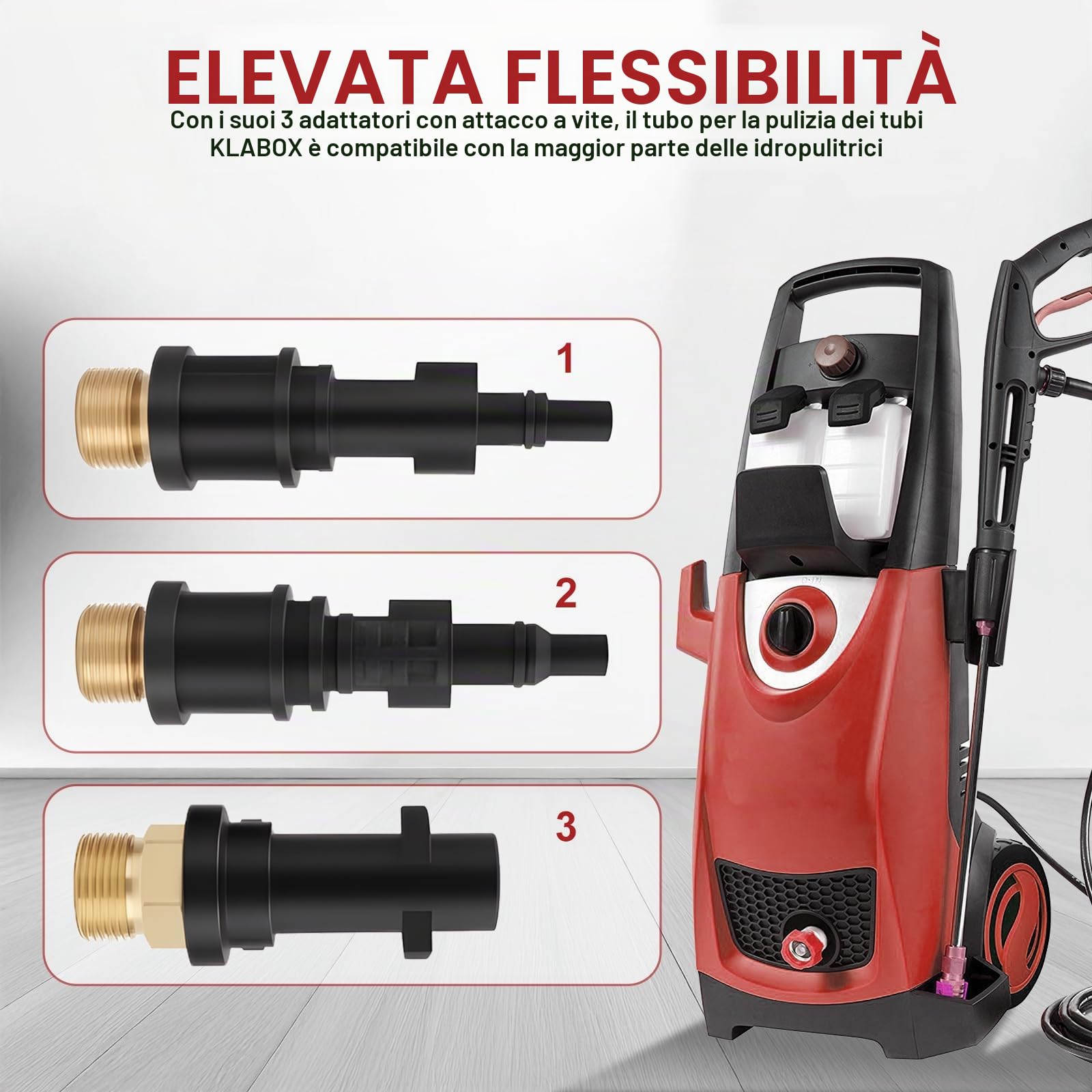 Tubo di sbocco 15 m per tubo con 3 adattatori e 2 ugelli | Tubo flessibile ad alta pressione per Karcher e Lavor, pulitore antitappo, adatto per canalizzazioni, condotti e scarichi