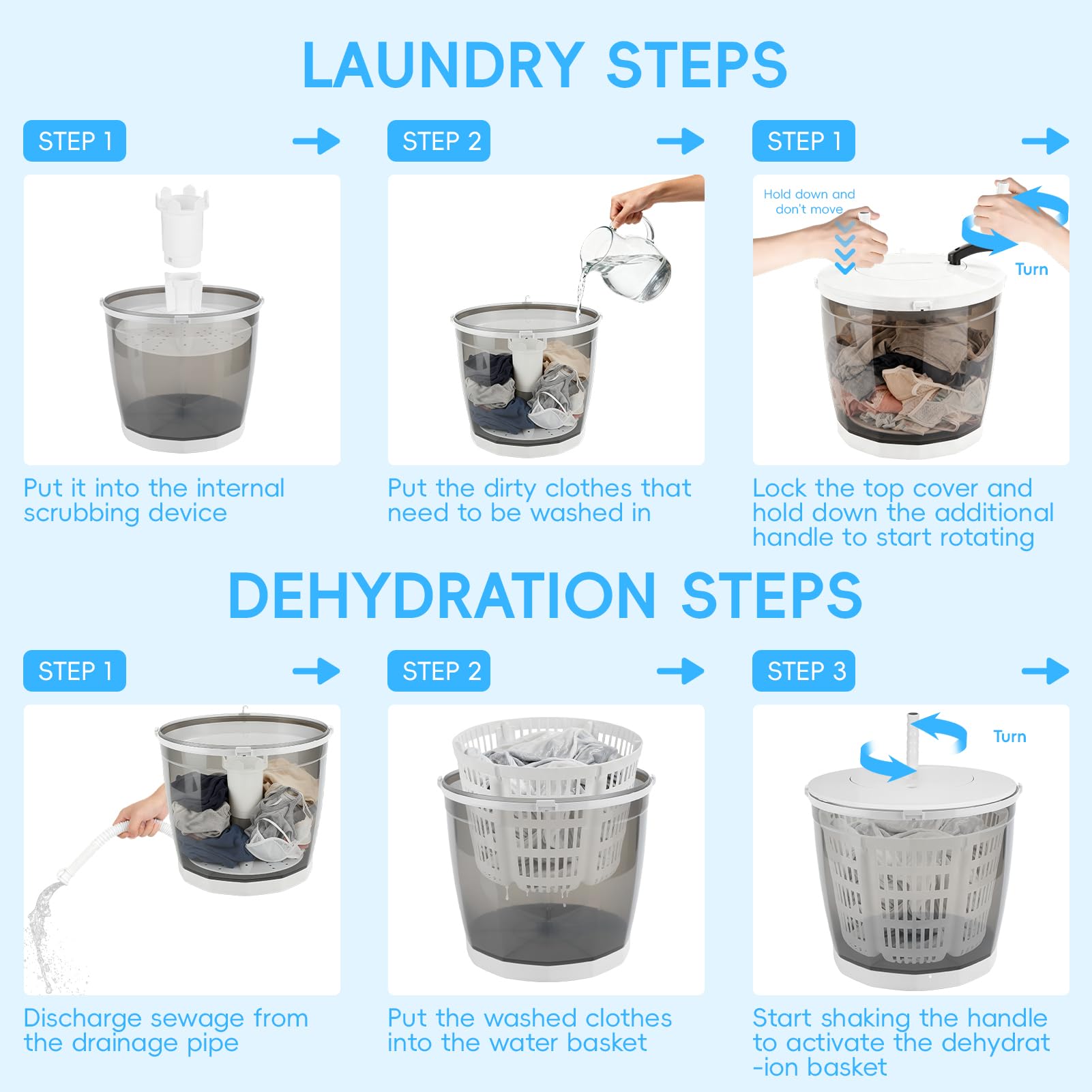 2-in-1 Manual Washing Machine, Hand Crank Washer with Spin Dryer & Suction Cup Base, Portable Mini Washer for Camping Dorm Travel, No Electricity Laundry Machine 2kg Capacity (Light Grey) — view 5