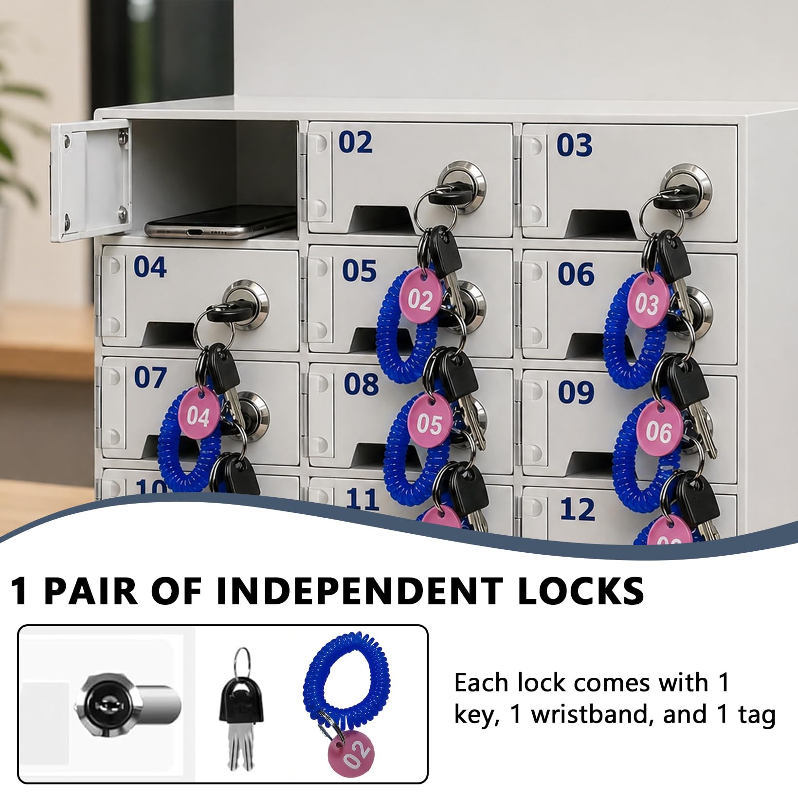Guarda-Móviles 12 Compartimentos, Caja Guarda-Móviles de Pared con Llave y Puerto Carga, Armario de Carga para Teléfonos Móviles con Pulsera y Placa Identificativa, para Colegios y Fábricas