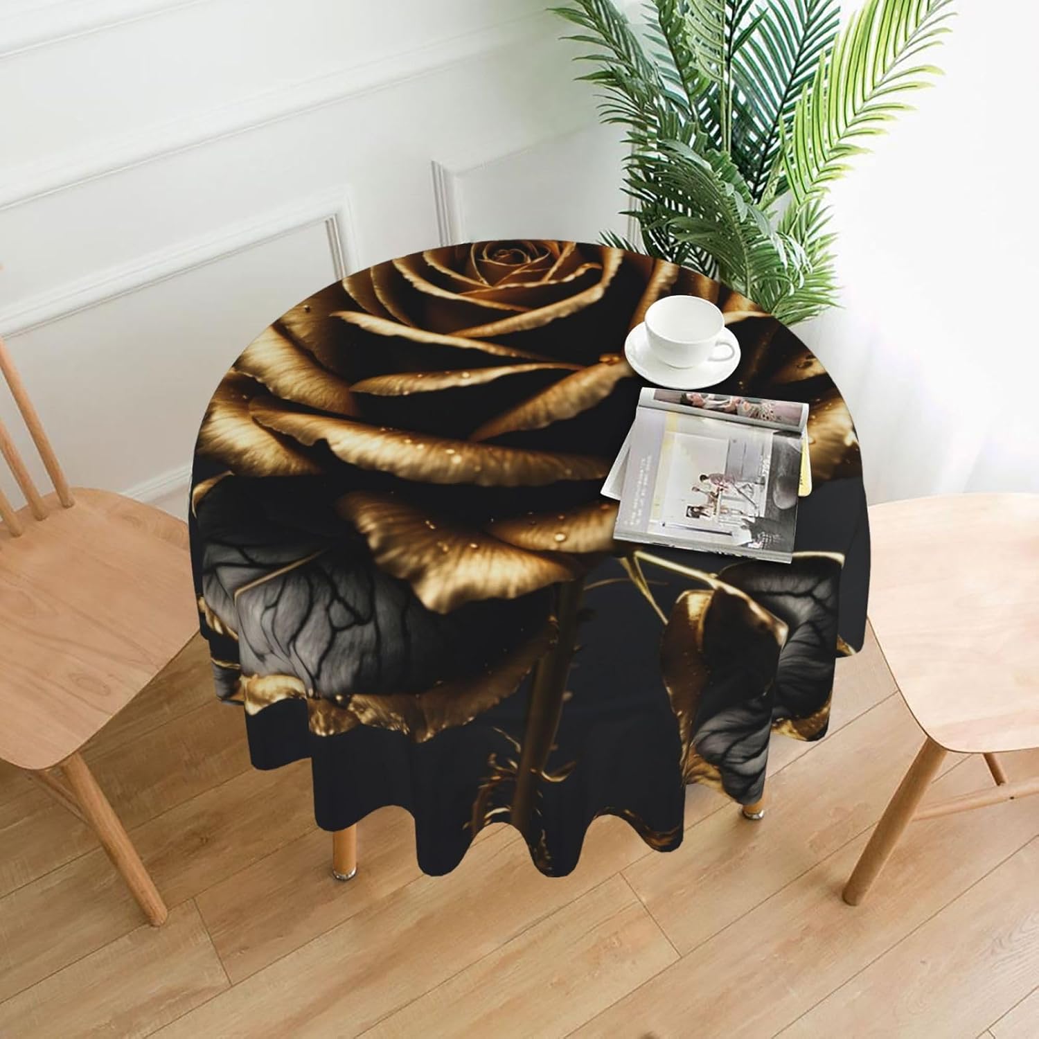 Black and Gold Flowers Print Wrinkle Free Dining Table Cover for Birthday Party Farmhouse Tablecloths Up to 60 x 60 Inches