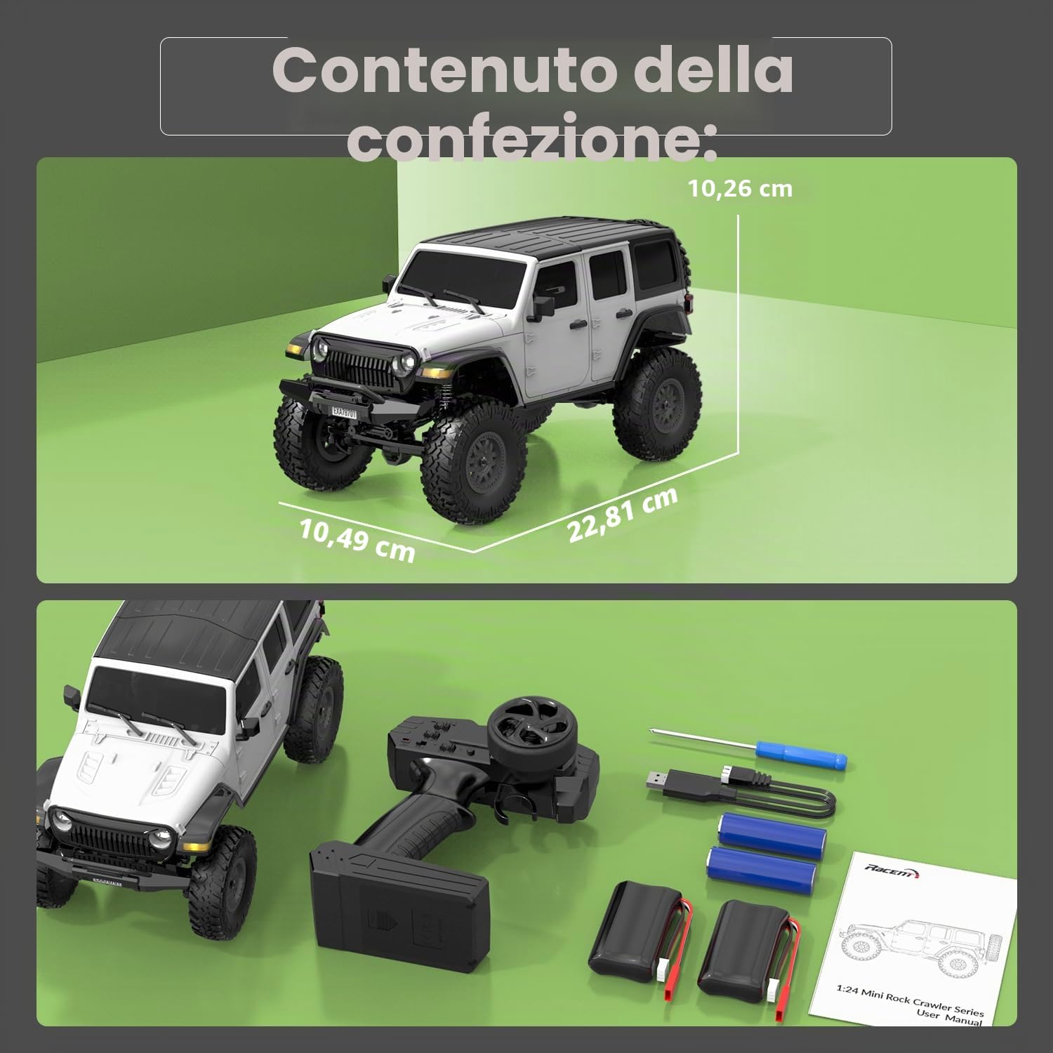 FLYCOLOR RCS24 Fuoristrada 1/24 Camion RC 4x4 Fuoristrada Crawler Veicolo da Scalata Tutto Terreno Camion RC Mostro Telecomandato Auto con Faro Luminoso 2 Batterie Impermeabile Giocattoli Hobby (RTR