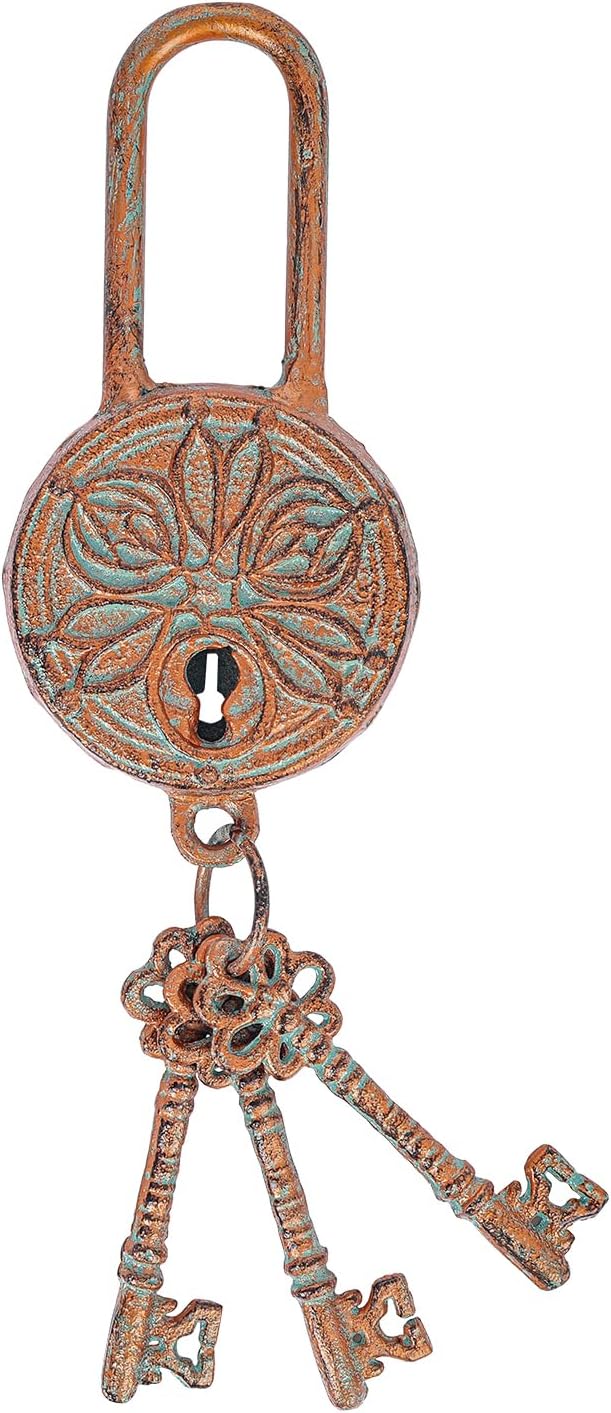 Sungmor Vintage Cast Iron Decorative Padlock and Keys-Rustic Wall Hanging,Ornate Lock Sculpture for Home,Farmhouse & Boho Decor, Copper Finish