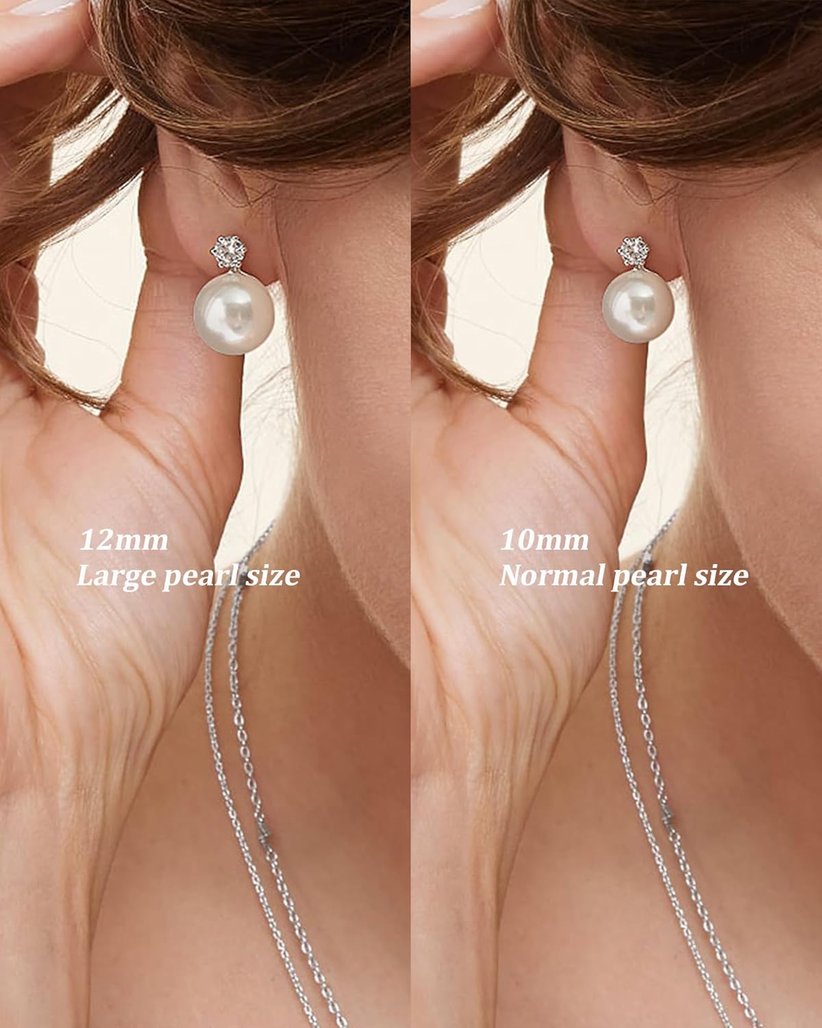 Pearl Stud Earrings - Sterling Silver Cubic Zirconia Dangle Earrings for Women - Image 5