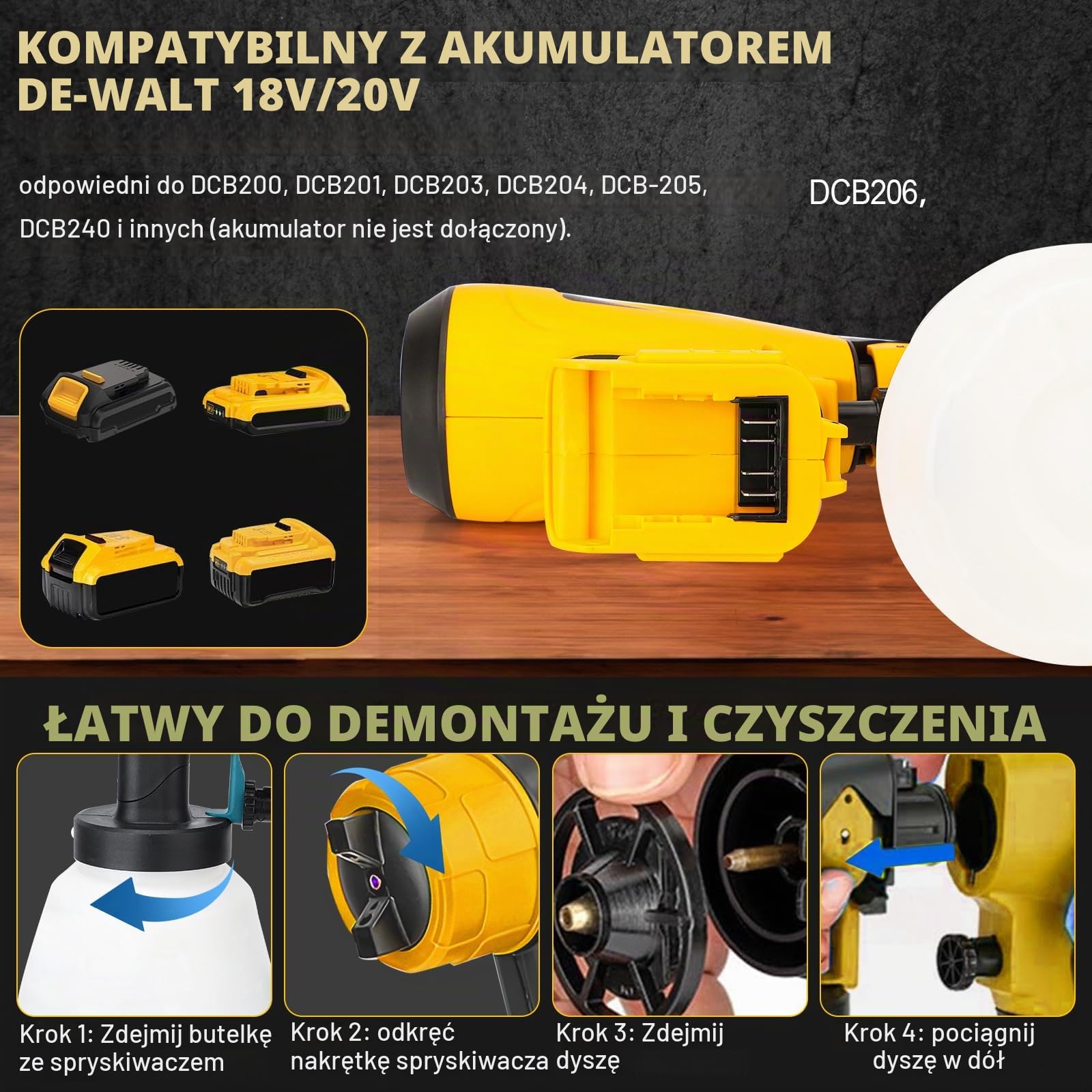 Bezprzewodowy rozpylacz do baterii Dewalt-18 V, bezprzewodowy elektryczny pistolet natryskowy bezszczotkowy, zbiornik 1000 ml, 3 wzory regulowane, 4 dysze natryskowe do ogniw ściennych ogrodzeniowych