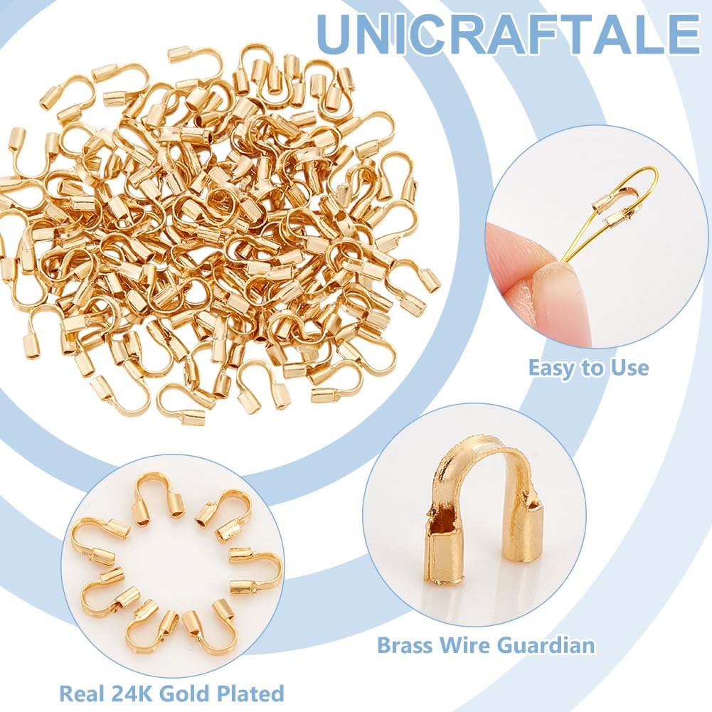 UNICRAFTALE 100Pcs Real 24K Gold Plated U Shape Guards Cable Protectors 5x4x1mm Wire Guardians Thread Protector Loop Guardian Hole 0.8mm for Necklaces Bracelets Jewelry Craft Making