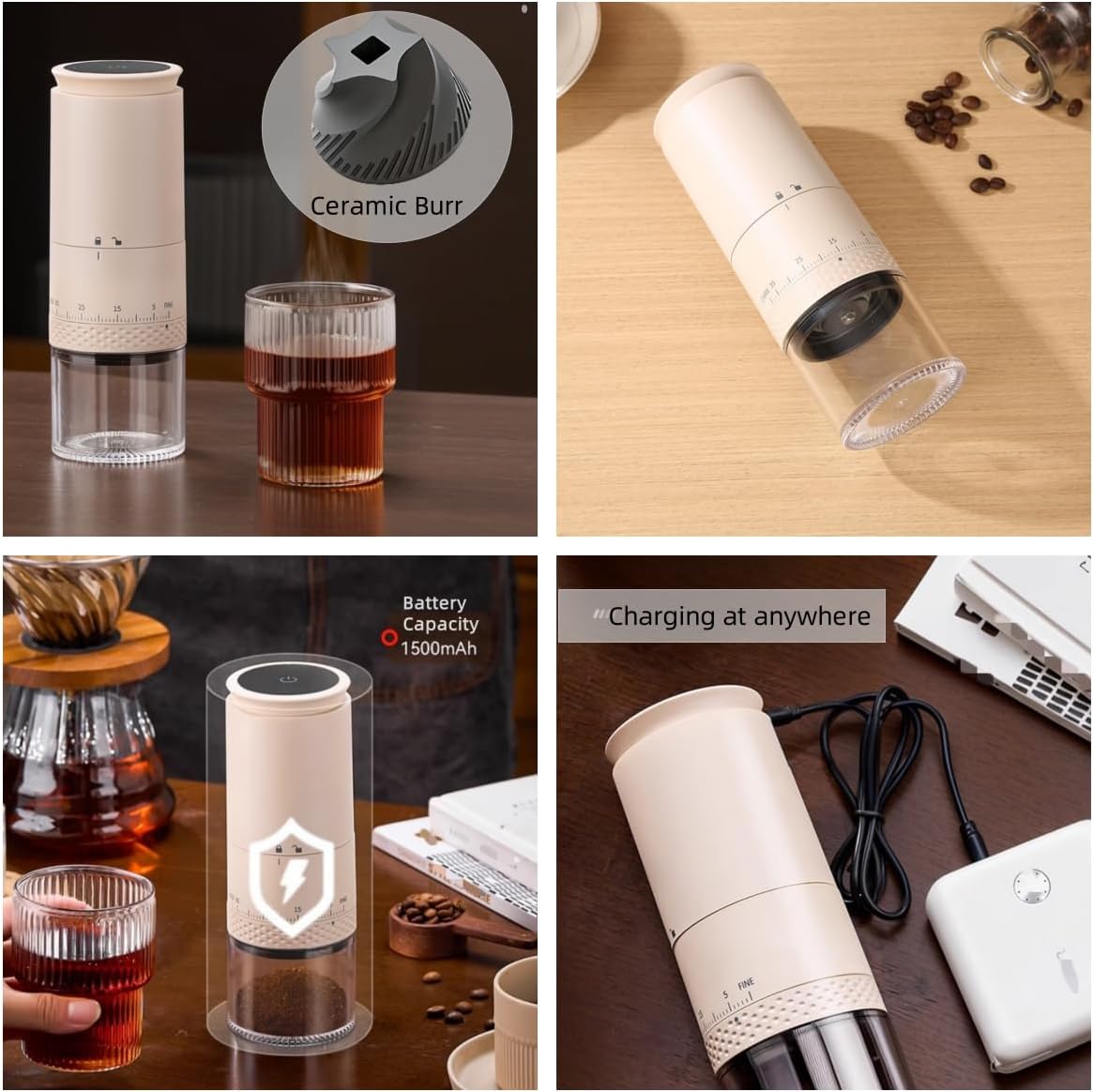 Portable Electric Coffee Grider with 40 Adjustable Levels Fine to Coarse Setting, Ceramic Conical Burr, for Home, Office, Travel, Camping, 1800mAH Rechargeable (light pink, ceramic burr)