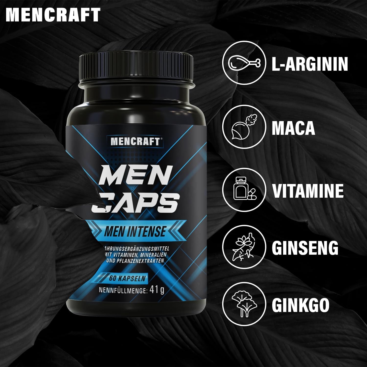 MEN INTENSE - Männer Kapseln extrastark - DAUERHAFT Rezeptur hochdosiert - mit L-Arginin, Maca, Vitaminen, Ginseng, Ginkgo, 60 Kapseln