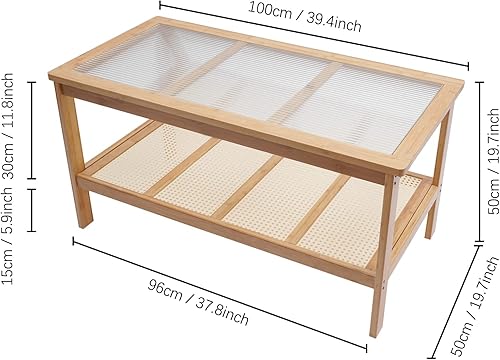 Miniatura 7 de Gdrasuya10 Mesa de centro moderna de bambú para sala de estar, mesa auxiliar rectangular de 2 niveles, mesa central de vidrio, estante de