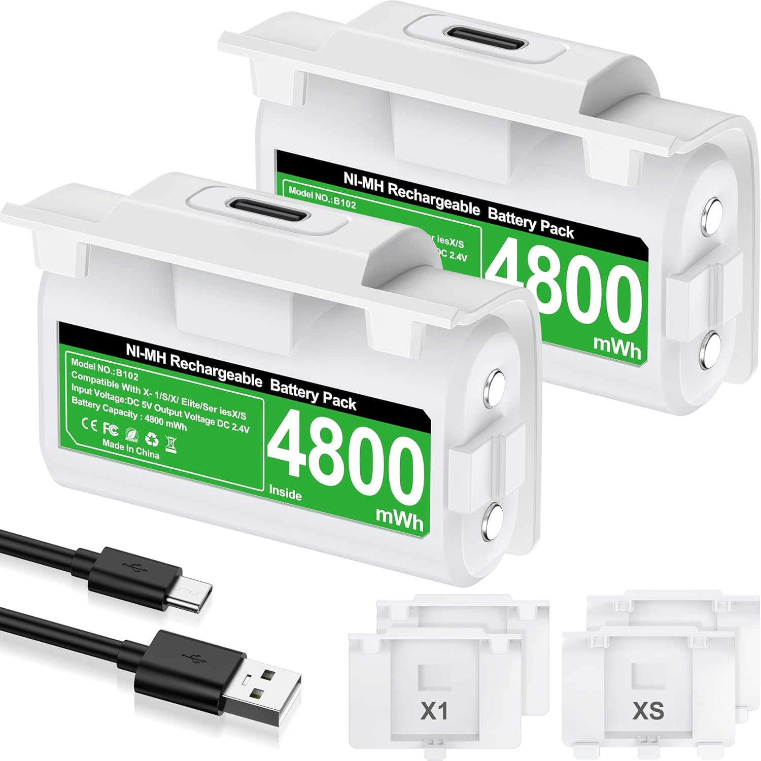 EXTREMECOOL Rechargeable Xbox Controller Battery Pack for Xbox Series X|S/One S|X/One Elite Controllers, Xbox Play and Charge Kit Incl. 2x4800mWh X-1 Batteries, 4x Battery Covers, Charging Cable,White