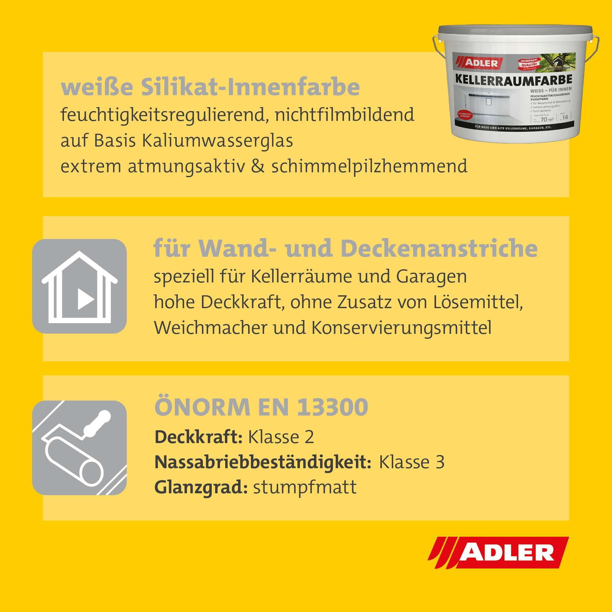 ADLER Kellerraumfarbe - weiße, geruchsneutrale Silikatfarbe - 14kg - ohne Lösemittel, Weichmacher und Konservierungsmittel
