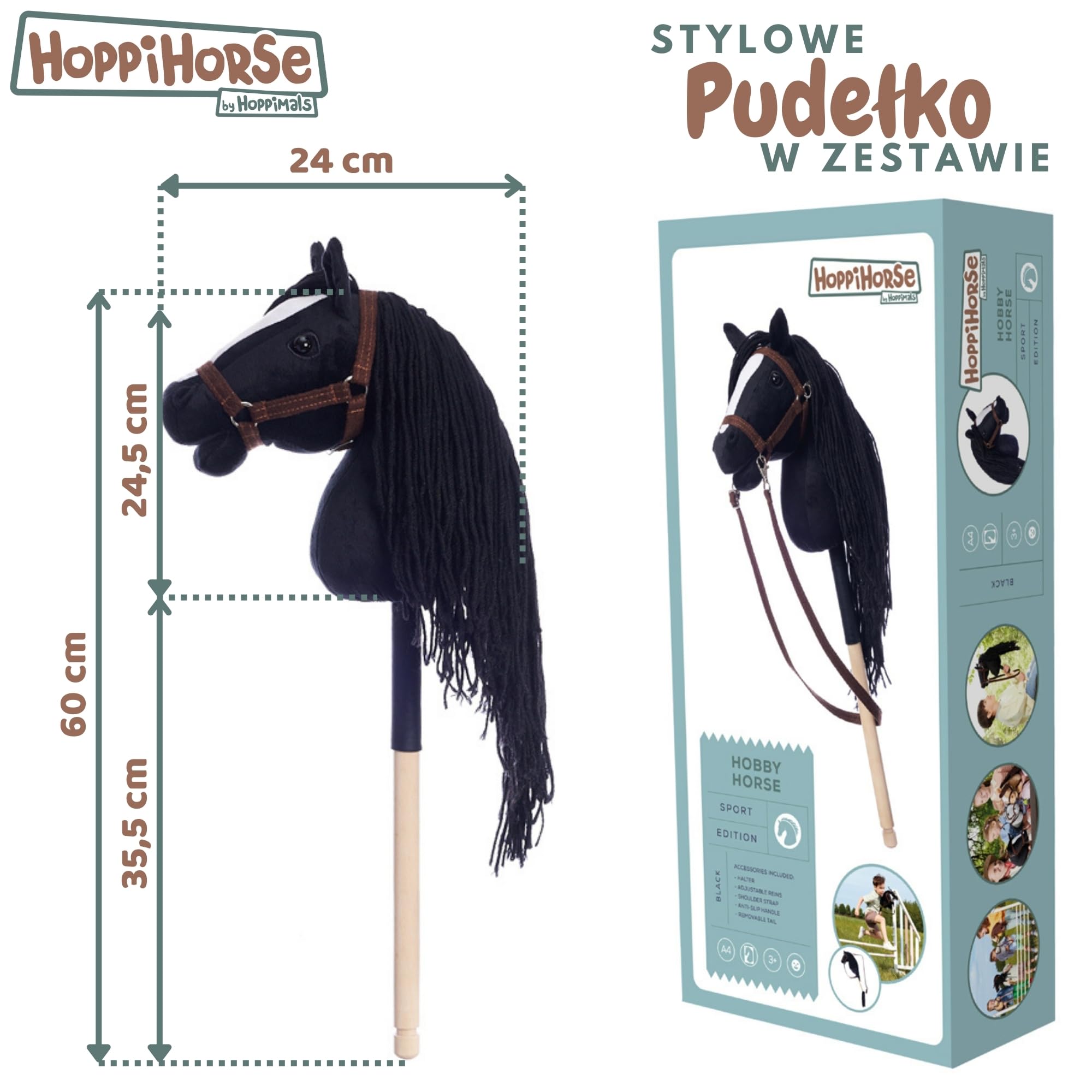 HOPPIHORSE - Hobby Horse Sport Edition A4, Koń na kiju z kantarem, wodzami, paskiem na ramię, ogonem i uchwytem silikonowym, wysokiej jakości pluszowy Hobby Horse w pudełku prezentowym od HOPPIMALS
