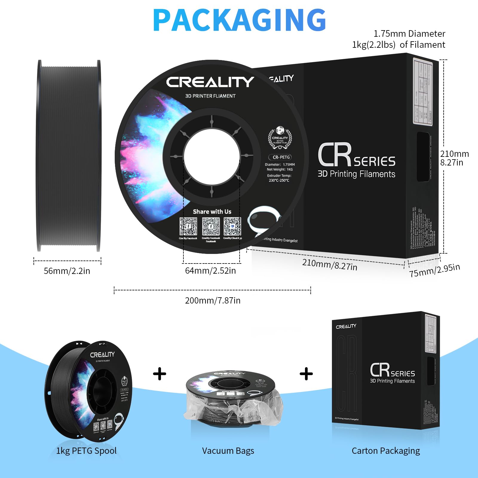 Creality Filamento PETG 1,75 mm, Ufficiale Filamento Stampante 3D Che Non si Aggroviglia, Forte Legame e Prestazioni a Sbalzo Precisione Dimensionale +/-0,03 mm, 2,2 lbs/Spool, Nero