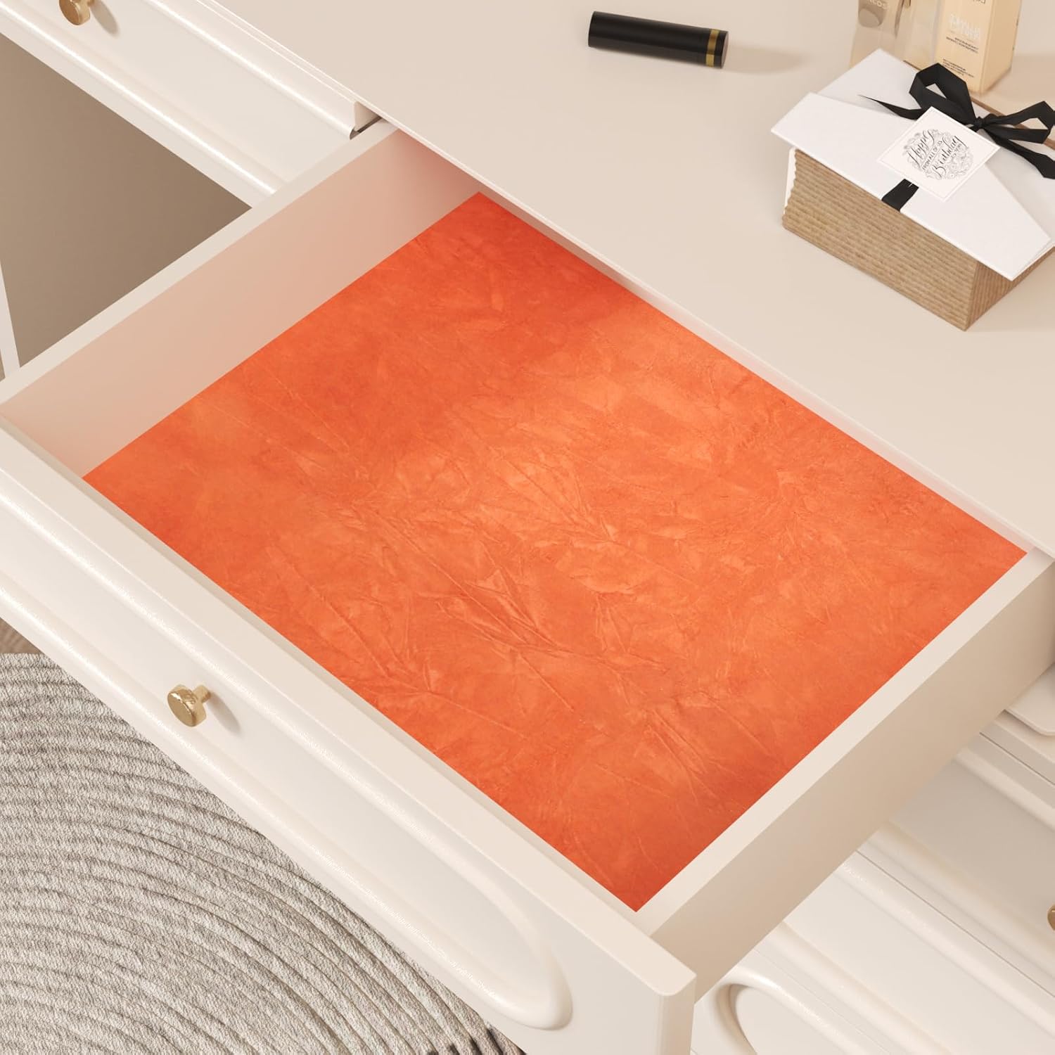 CHIHUT Orange Felt Drawer Liner for Jewelry Box Lining Dresser Creased Soft Orange Self Adhesive Fabric Thick Velvet Wallpaper Peel and Stick Fabric Felt Sheets Roll for Cabinets Art Crafts 12"x472"