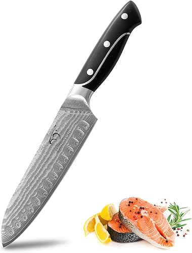 Santoku - Cuchillo de cocina profesional de la serie XingRui de 7 pulgadas, forjado con acero VG-10 de 67 capas de Damasco, mango ergonómico de ABS