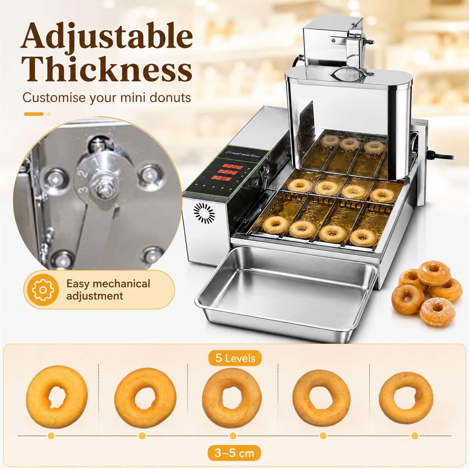 Máquina automática comercial de donas de 2000 W, mini dona de 4 filas con panel de control LED inteligente, 1800 unidades/h de alta salida, transportador automático abatible, ajuste de grosor de 5