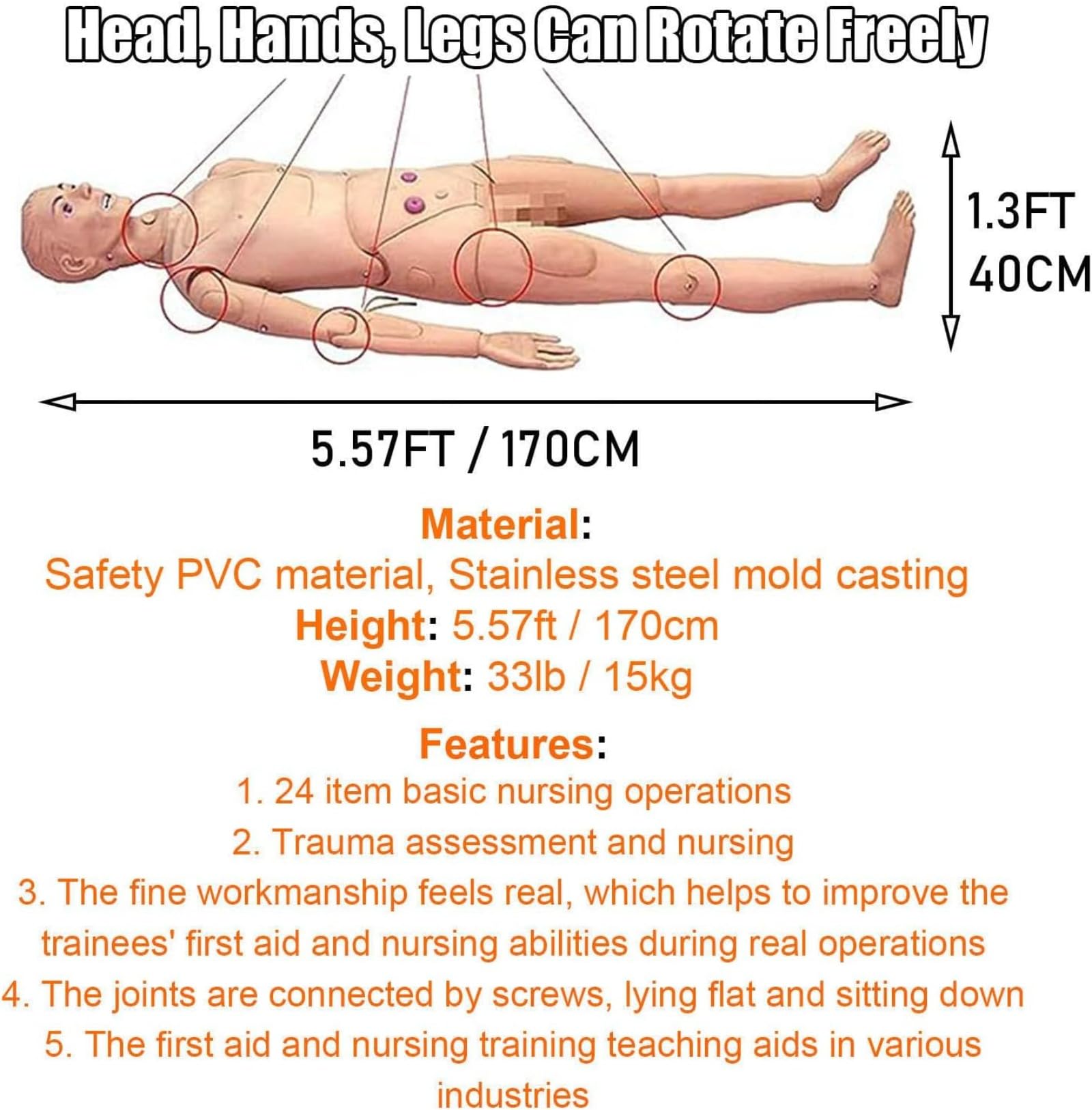 Patient Care Manikin Anatomical Human Model Training CPR Simulator Basic Training 5.57FT Life Size Teaching Model Full Body Training Mannequin for Nursing Education Medical Training Skills
