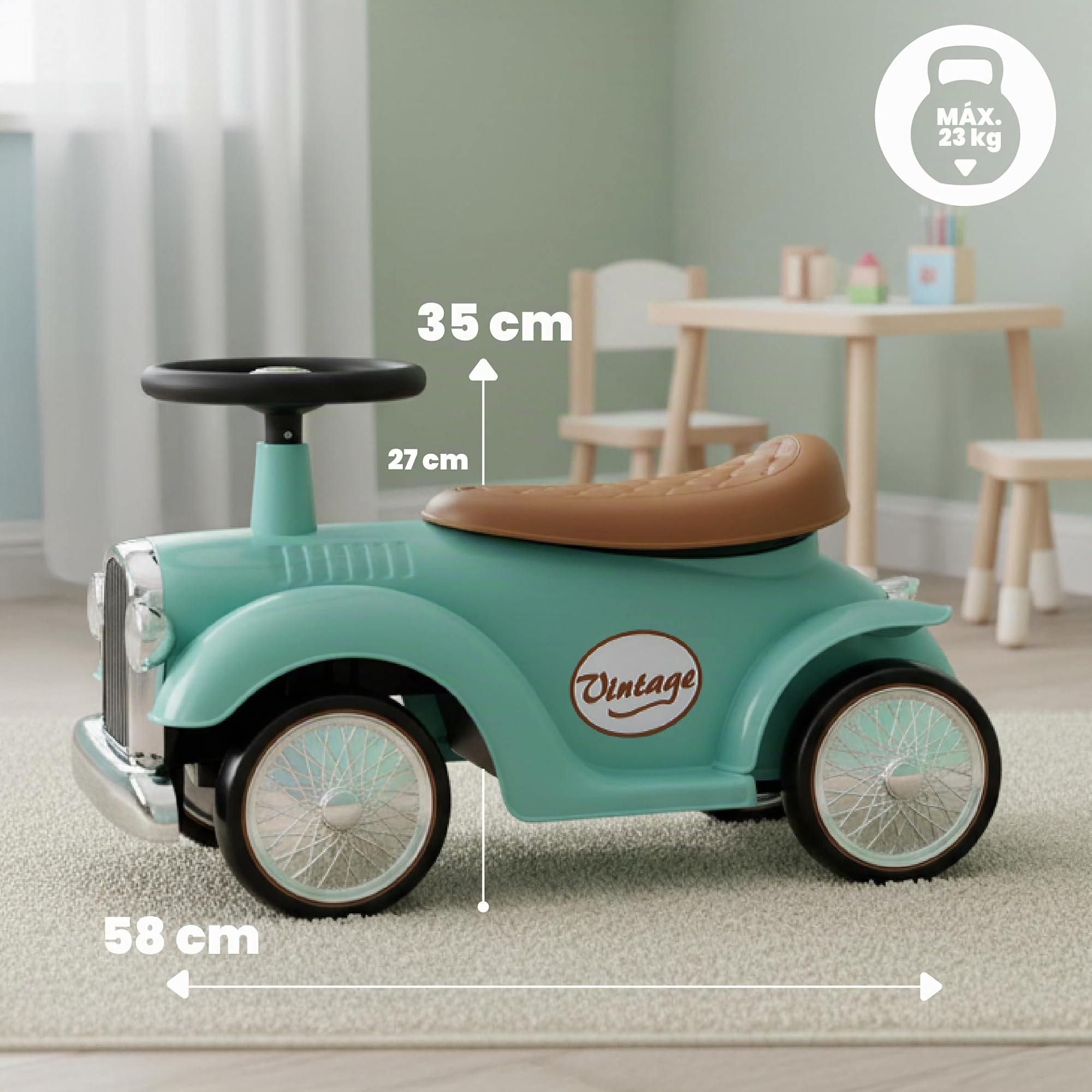 Correpasillos Bebe 1 año Retro Classic, Volante con claxon, Asiento cómodo, Andador Bebes 1 año (Turquesa)