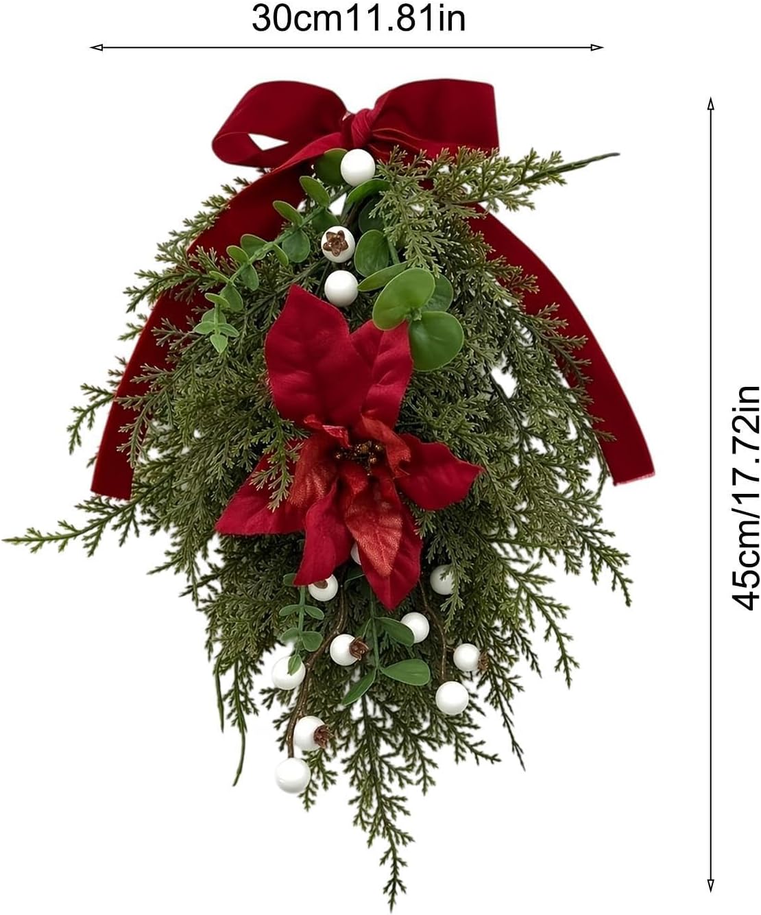 Christmas Door Swag - Artificial Berry Pine Greenery with Velvet Bow, Holid
