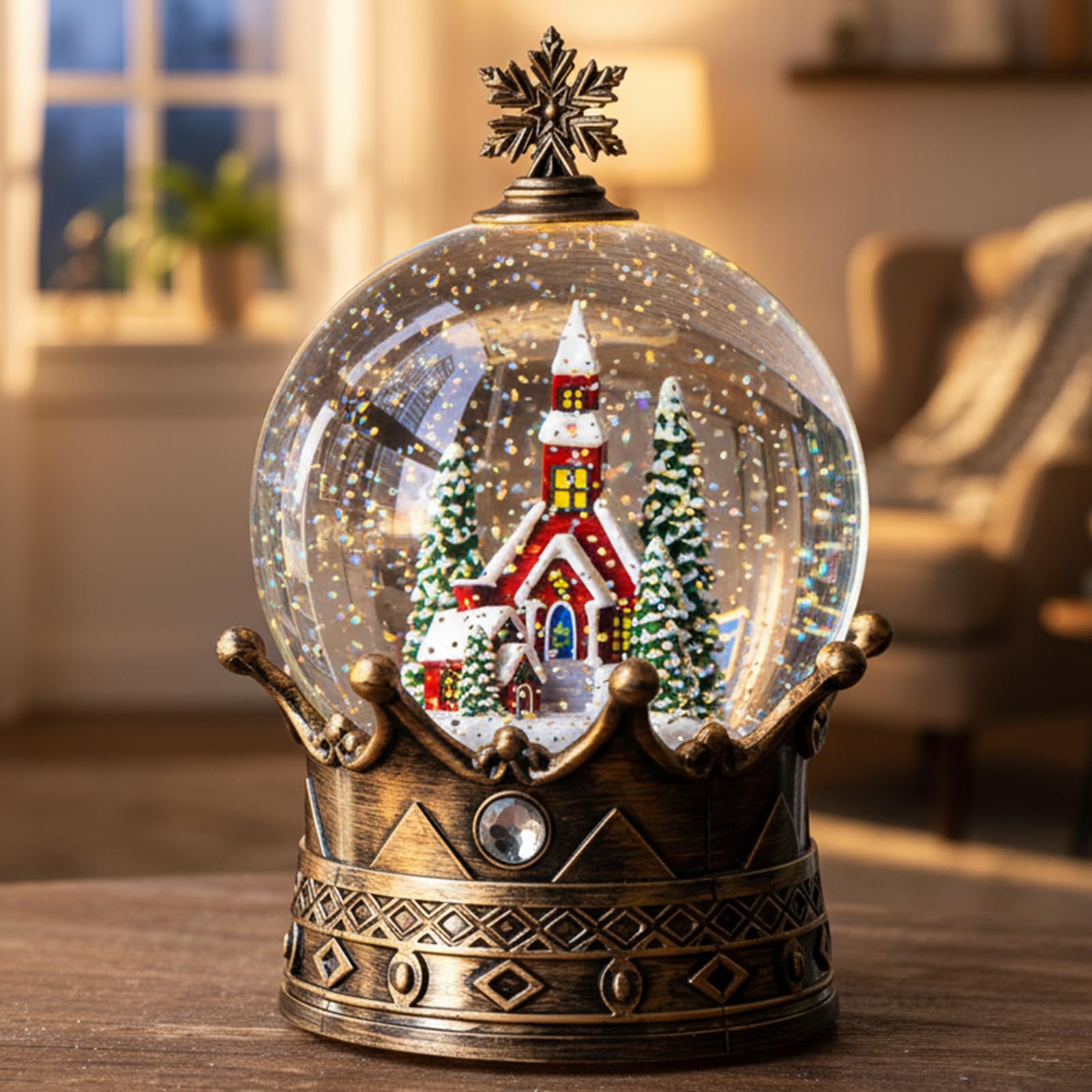 Christmas Snow Globe Lantern Water Glittering Churche Crown with Music, USB Lined/Battery Operated Lighted Lantern for Christmas Festival Decoration Gifts