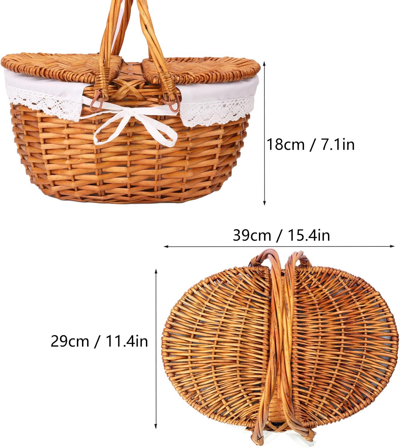 Wicker Picnic Basket with Lid, Wicker Picnic Hamper with Removable Lining and Foldable Handles, Woven Picnic and Outdoor Basket for Camping, Picnics, and Outdoor Adventures - Image 2