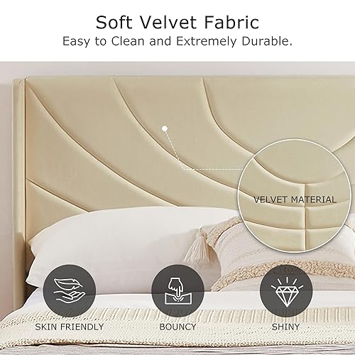 Miniatura 5 de VECELO Base de cama tamaño matrimonial tapizada con cabecera de tela, soporte de listones de madera, no necesita somier, base de colchón, color beige