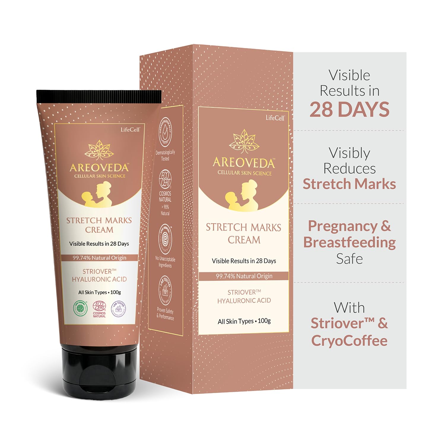 AreoVeda Stretch Marks Removal Cream (100g) | Targets Stubborn Old & New Stretch Marks | Powered With Striover & CryoCoffee | Non-Sticky, Fast Absorbing | Pregnancy & Breastfeeding Safe