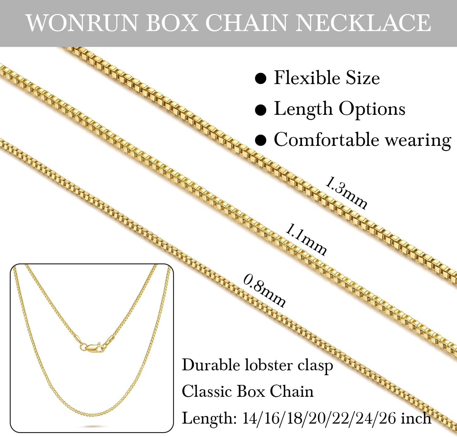 14K Gold Necklaces for Women Gold Box Chain Necklace for Women Gold Necklace for Womens Classic and Effortlessly Cool Box Chain Necklace Chains for Womens 14/16/18/20/22/24/26 in