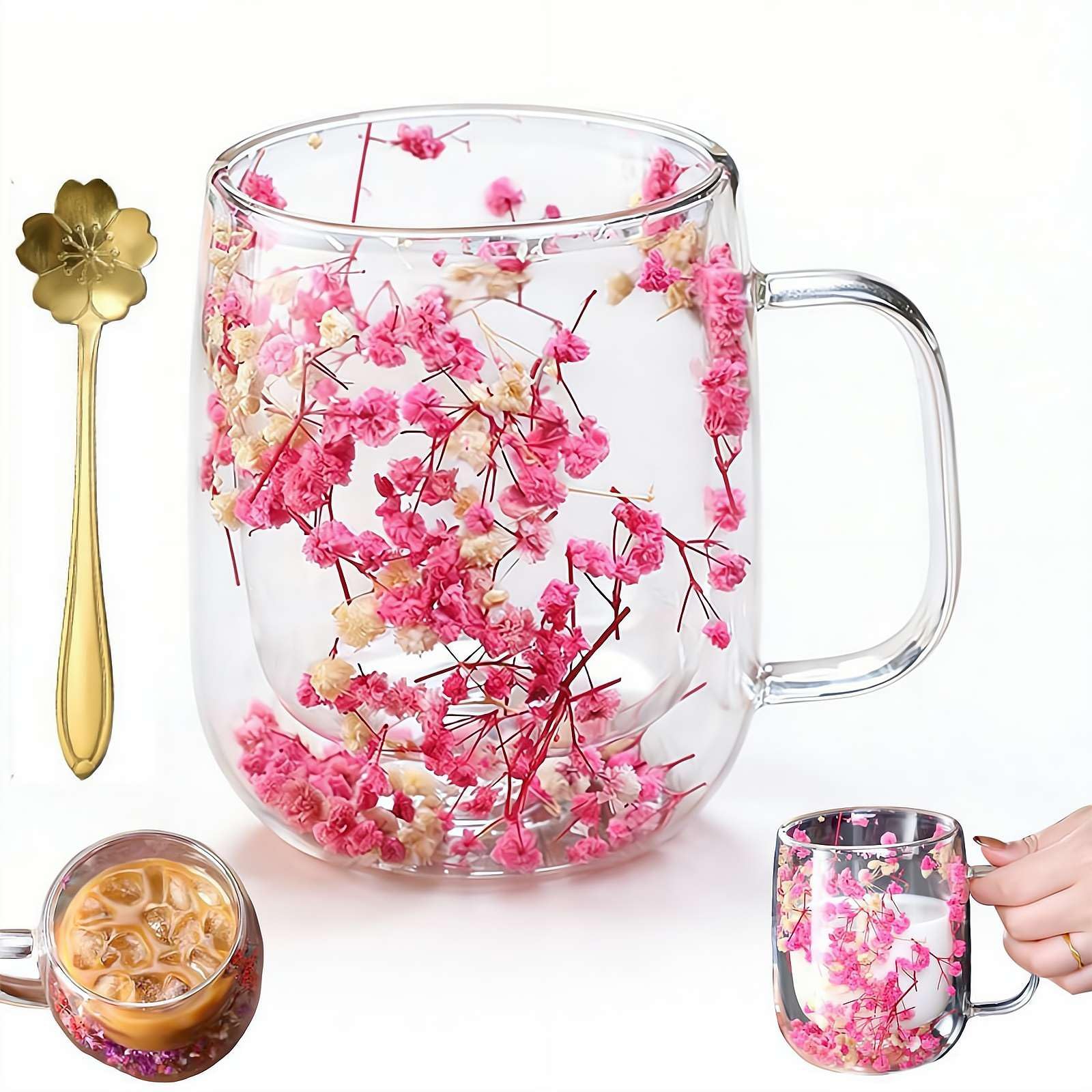 Dried Flowers Glass Mug, 15.2oz Double Wall Insulated Coffee Cup with Real Flowers Inside, Style D, 440ml/15.2oz
