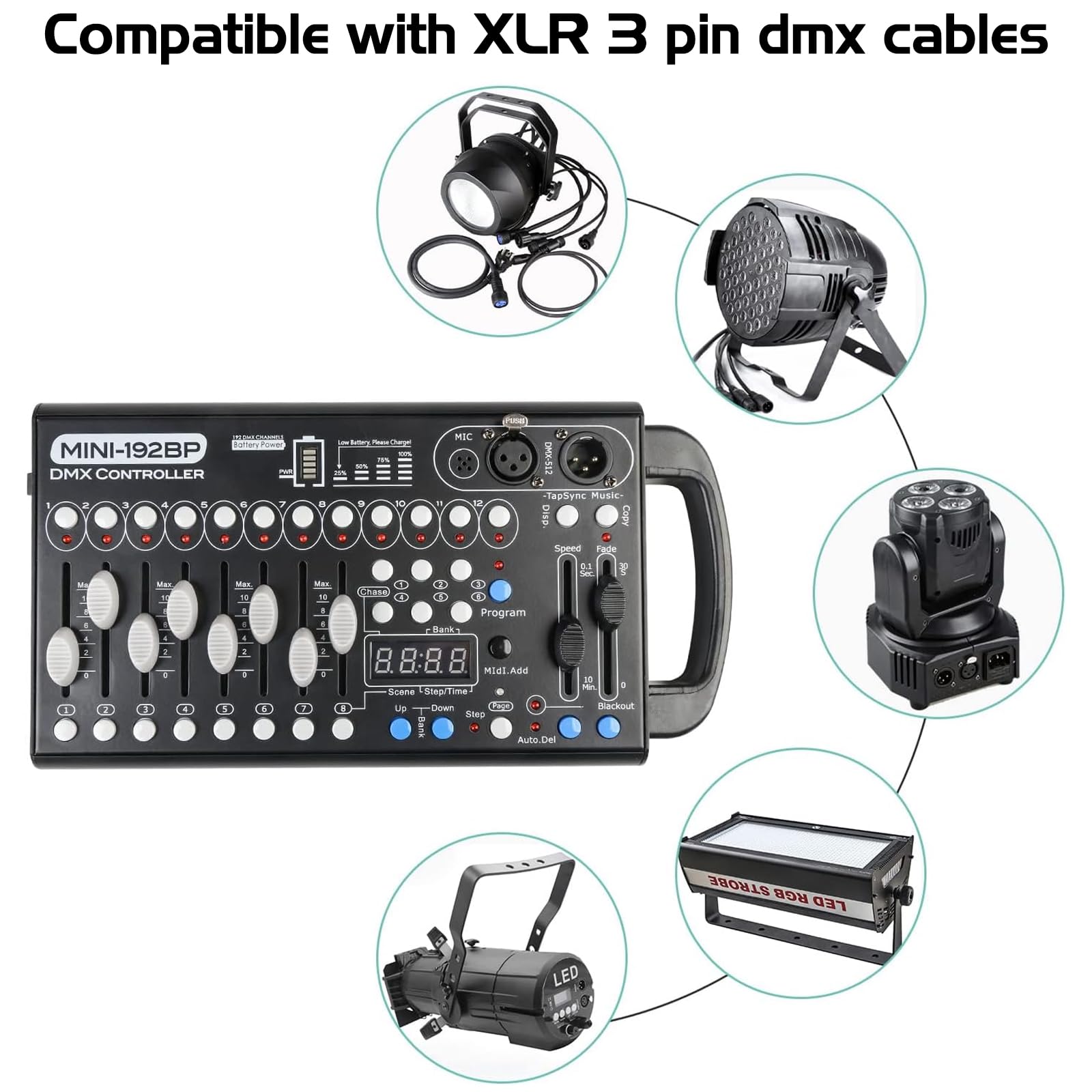 Dmx Controll Lichtmischpult Dmx Controller Eingebaute Batterie 192 Kanäle Dmx Konsole, Lichtmixer Dmx 512 Controller Musikgesteuert Akku Lichtpult Dmx Pult für Moving Head Partylicht Dmx Controler