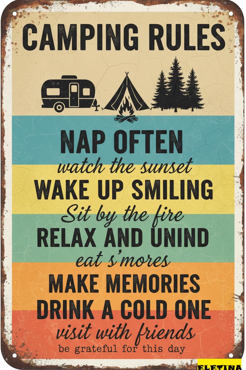 Funny Camping Rules Metal Tin Sign, 8x12 Inch