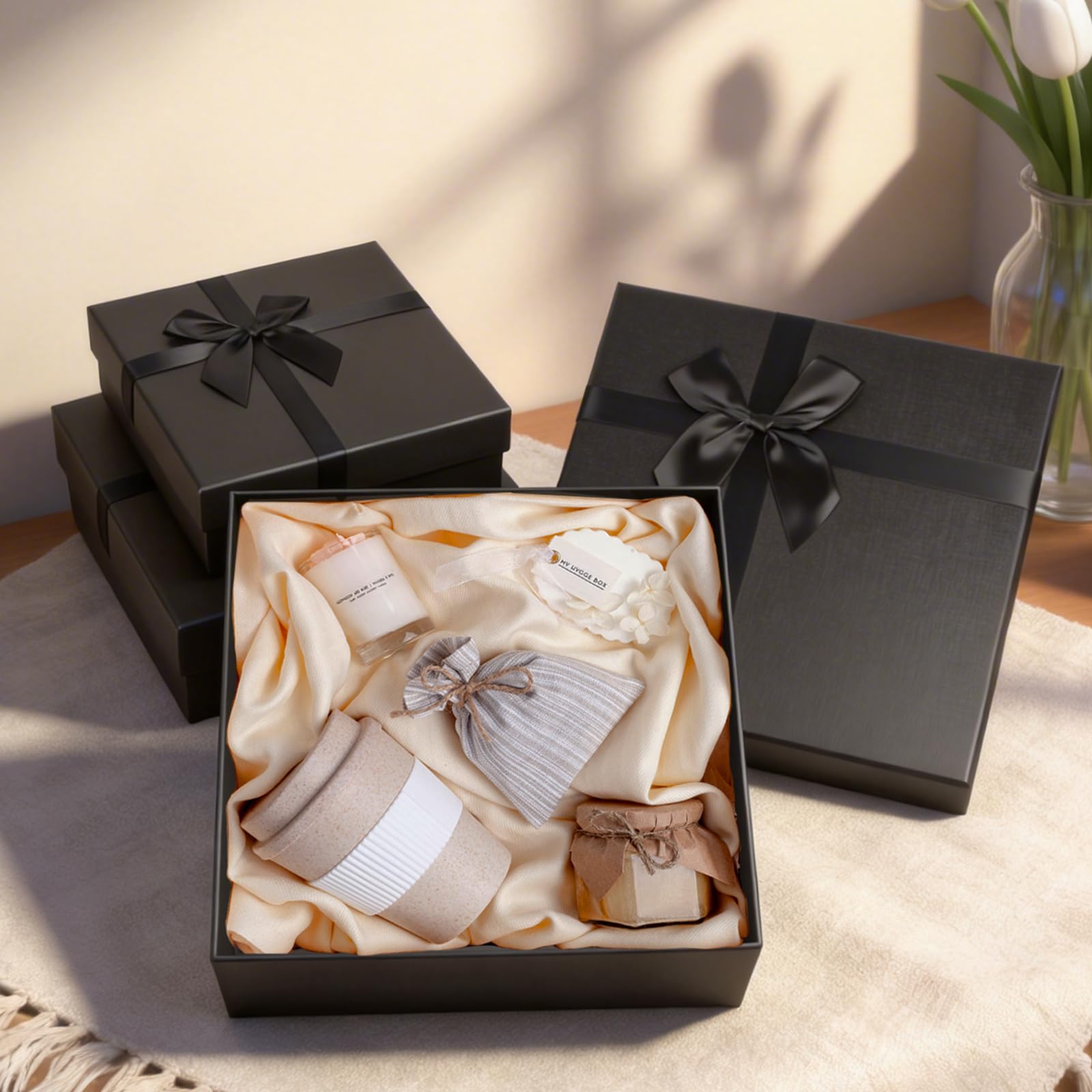 Geschenkbox für Geschenke, ein Set mit 4 eleganten schwarzen Geschenkboxen, luxuriöse Geschenkbox für Geburtstage, Jubiläen, Weihnachten usw. (Schwarz)