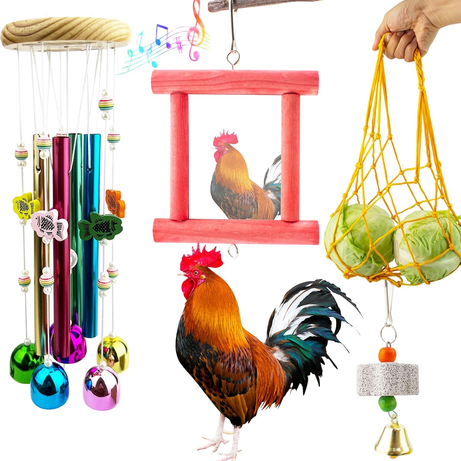 FlidRunest 4PCS Chicken Coop Toys Set, Hanging Chicken Wind Chime, Vegetable String Bag, Coop Mirror Toy and Beak Grinding Calcium Stone, Musical Enrichment Accessories for Hens Poultry Chick