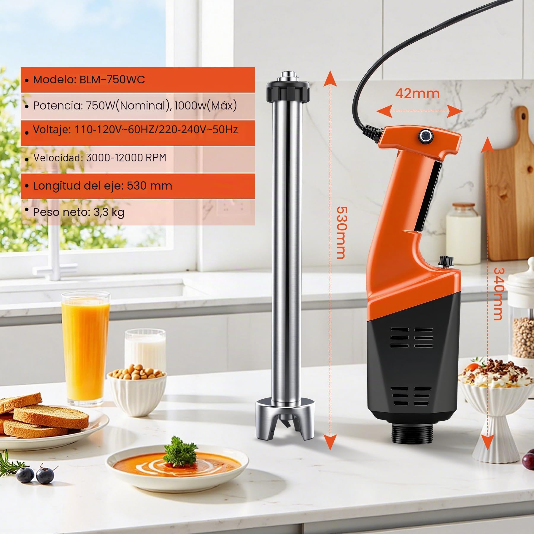 Huanyu Batidora comercial de inmersión de 750 W, batidora de mano resistente con eje de 530 mm, motor sin escobillas y velocidad variable de 3000 a 12 000 rpm.