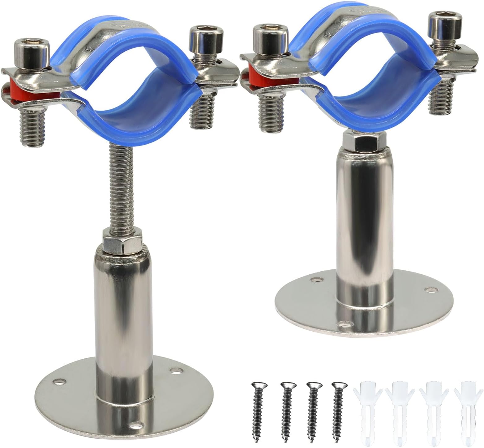 2 PCS Heavy Duty 304 Stainless Steel Ceiling Mount Pipe Support Bracket for 32-34mm OD Pipe, Adjustable Height 50-100mm with Silicone Pads & Complete Installation Kit