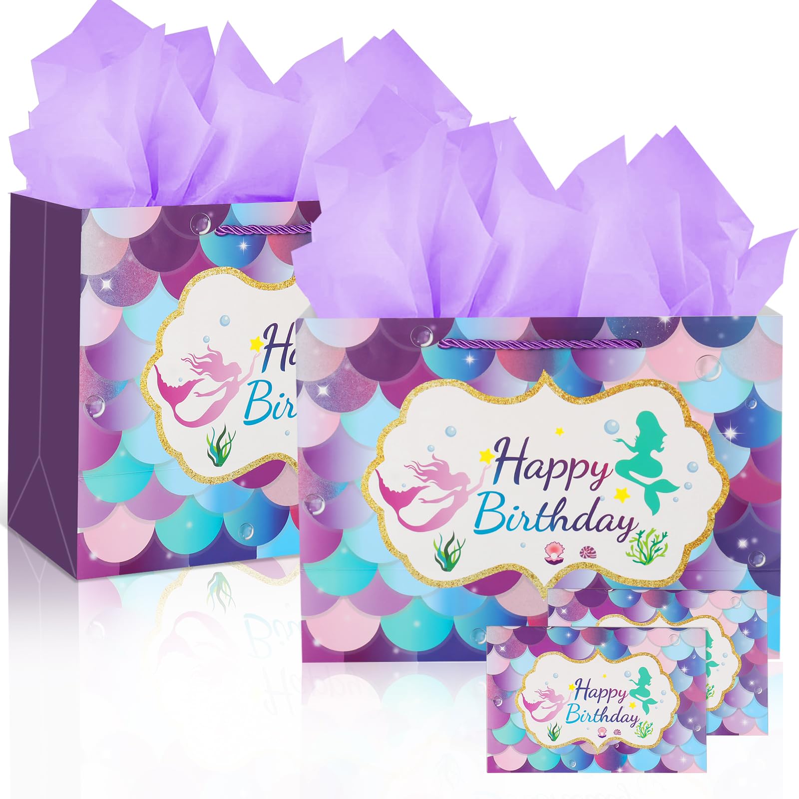 Purple Birthday Gift Bag-Medium Gift Bags for Present with 3 Tissue Paper and 1 Greeting Card for Kids Girls Women's Birthday Supplie Mermaid Design with Handles-30x12x22cm (2)