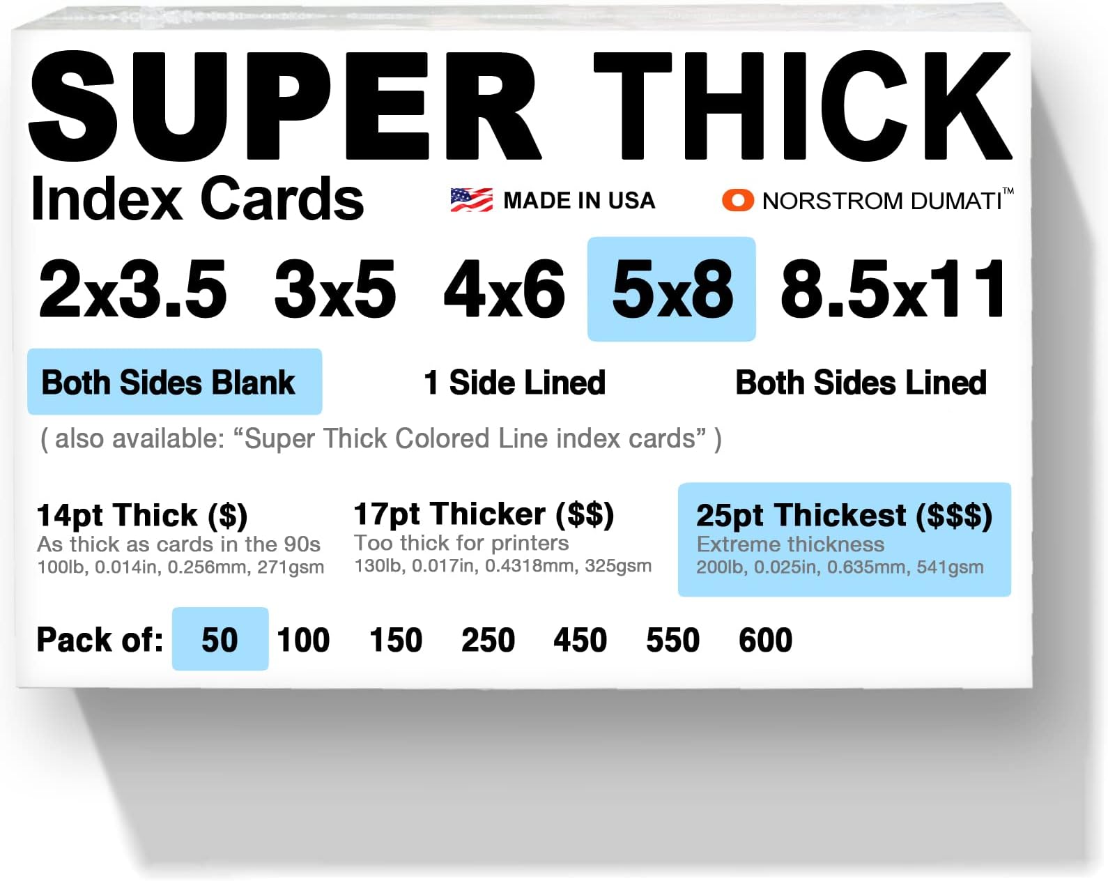 50 SUPER THICK index cards/ 5"x8" / 25pt (0.025") 200lb / blank un-ruled / 97 white/note-cards post-cards flash-cards/extra heavy-weight duty, acid-free, 5 X 8 card stock